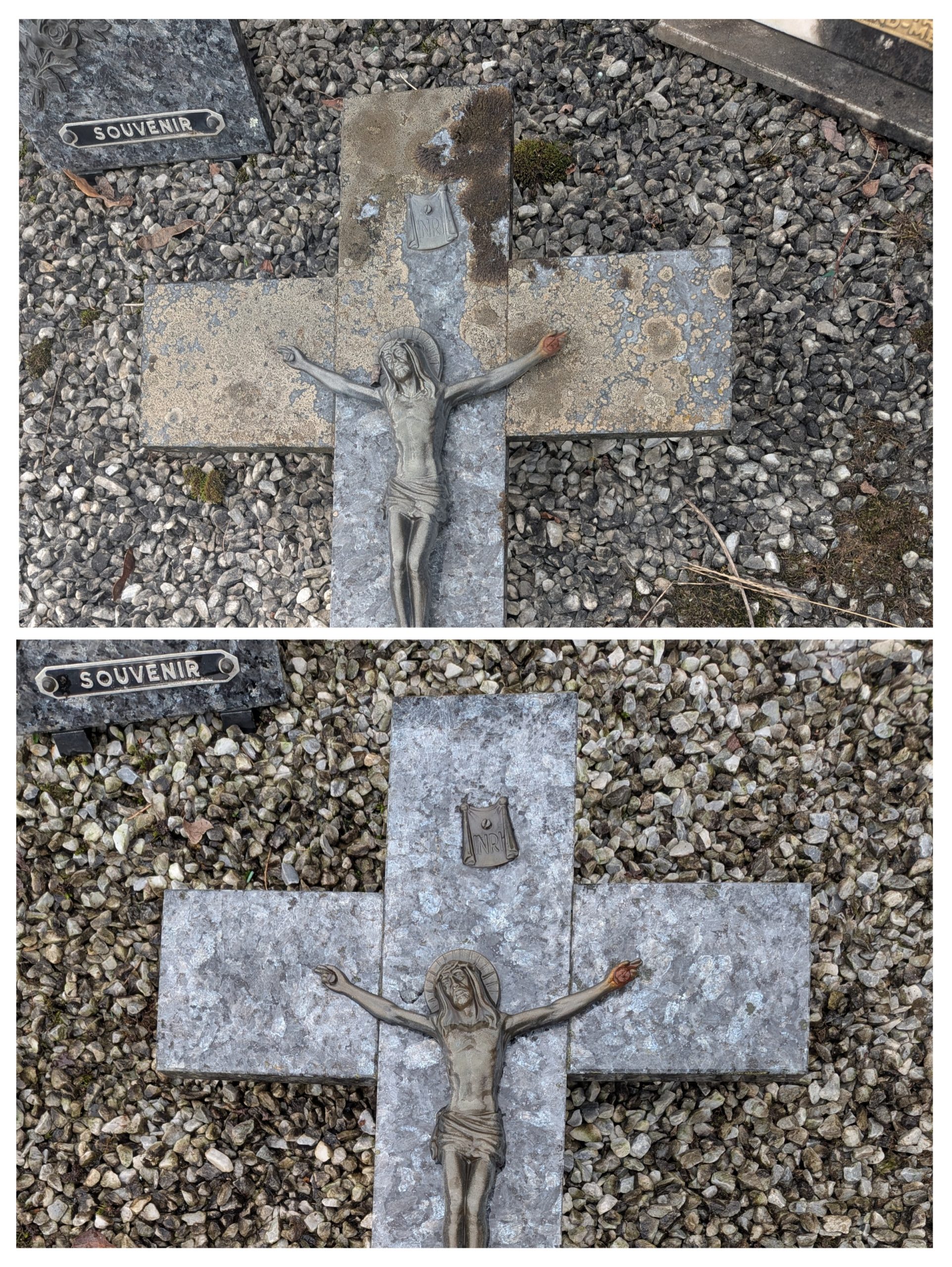 Nettoyage d’un ornement sur tombe dans la Loire